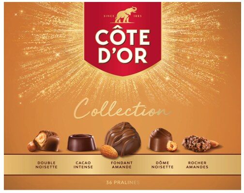 Boîte Côte d’Or Collection dorée avec ses pralines, dont la nouvelle Fondant Amande
