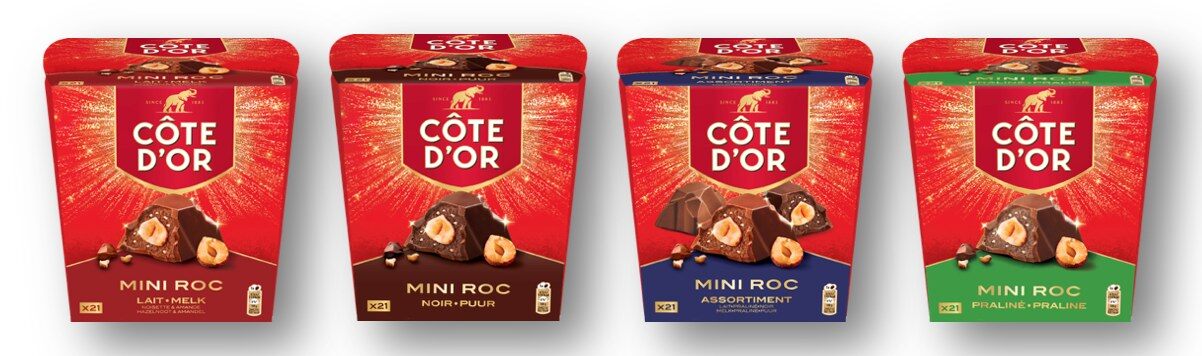 Quatre boîtes rouges de Mini Roc Côte d’Or : lait, noir, assortiment et praliné