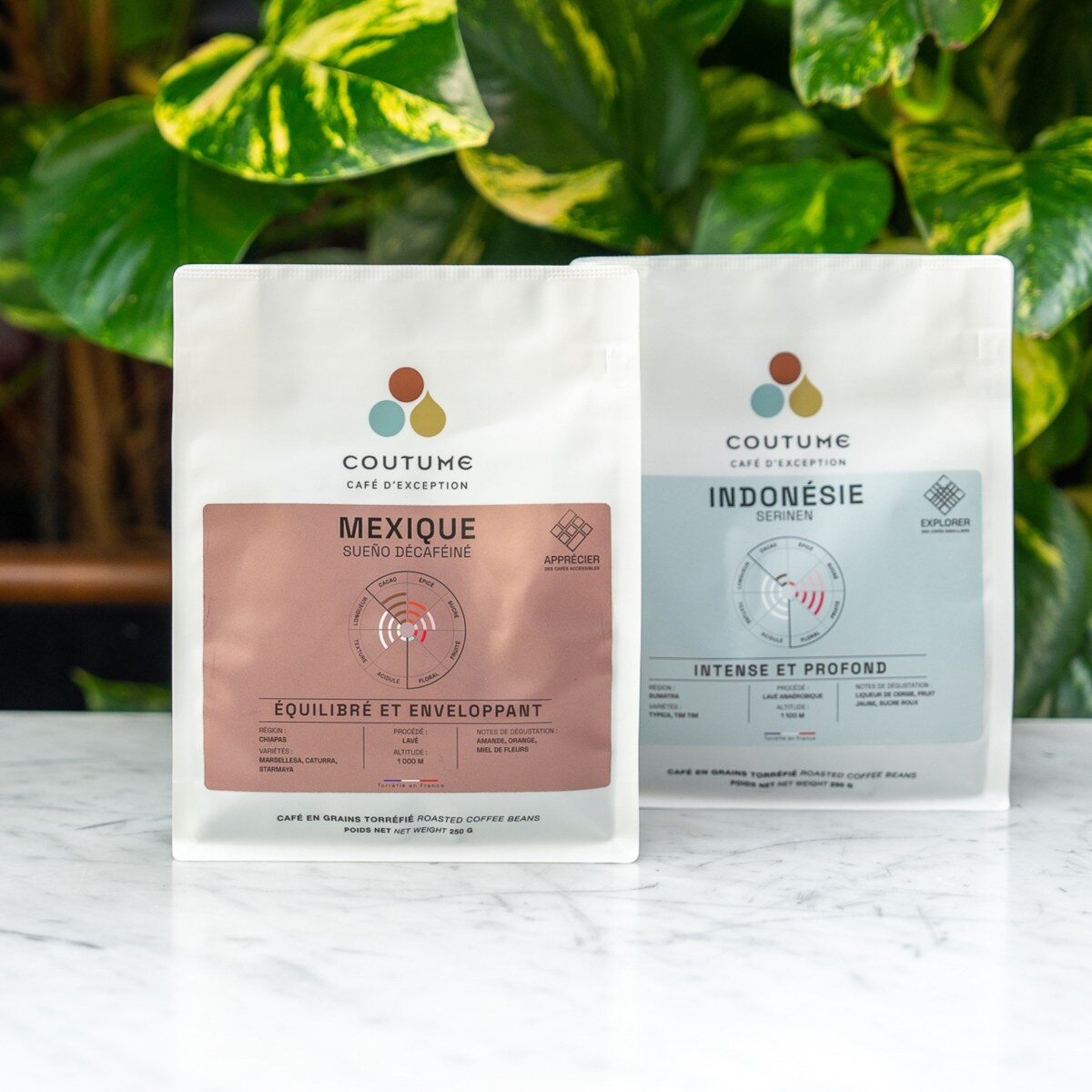 Les deux sachets de 250 g de l'abonnement Coffee Lover de Coutume Café