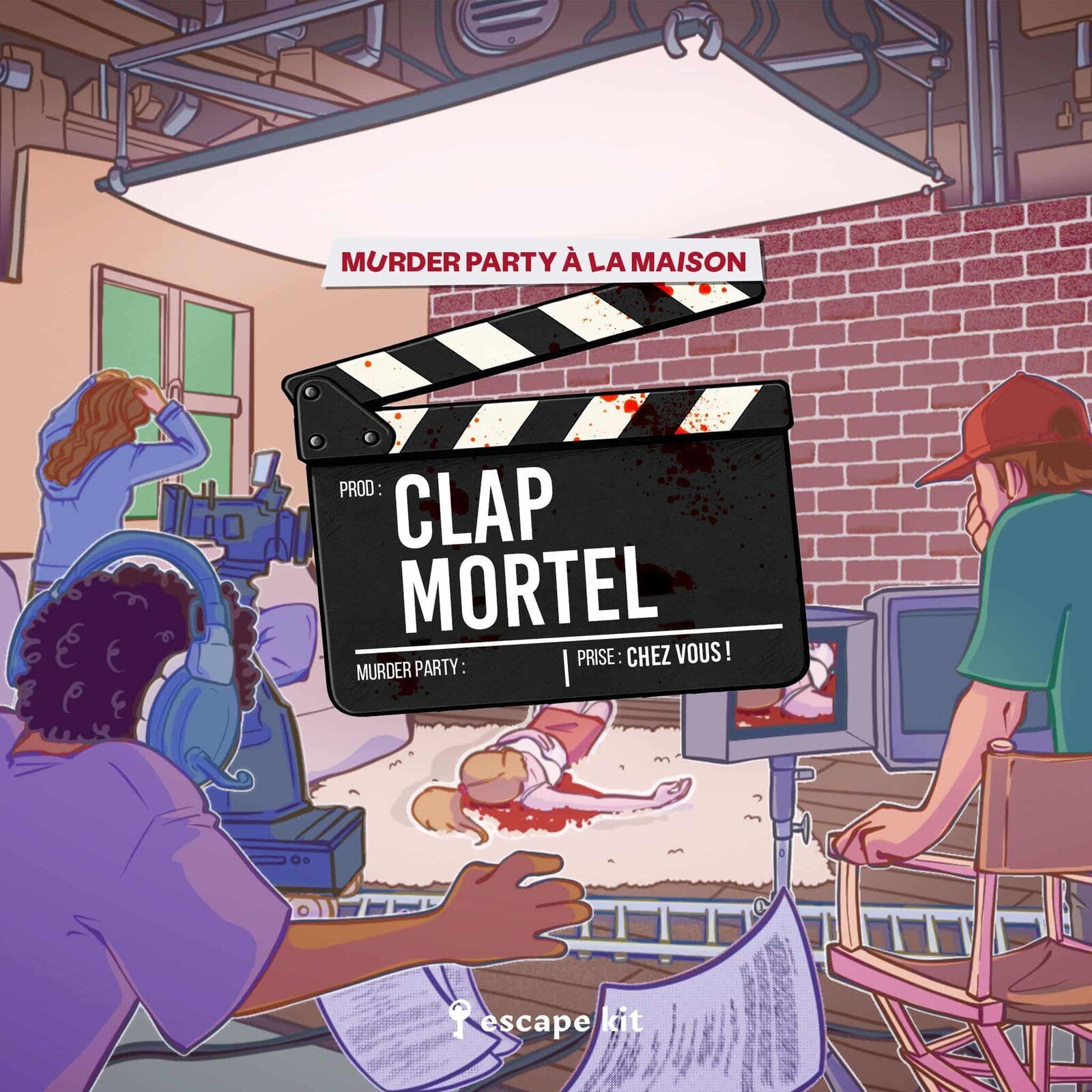 L’affiche de la murder party Clap Mortel d’Escape Kit, un clap de cinéma sur un plateau de tournage où gît la victime