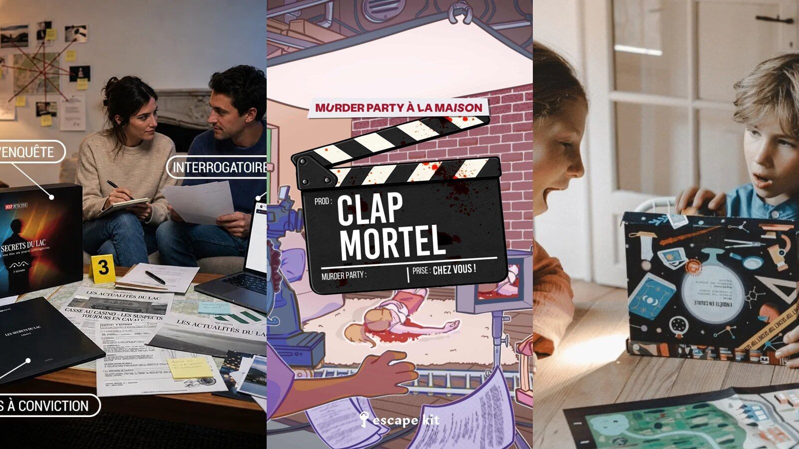 Trois jeux d’enquête côte à côte : Deep Detective Les Secrets du Lac, la murder party Clap Mortel d’Escape Kit et une box En Cavale ouverte par deux enfants