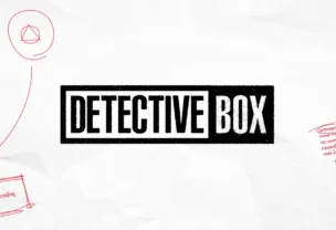 Logo Detective Box sur fond de papier froissé annoté