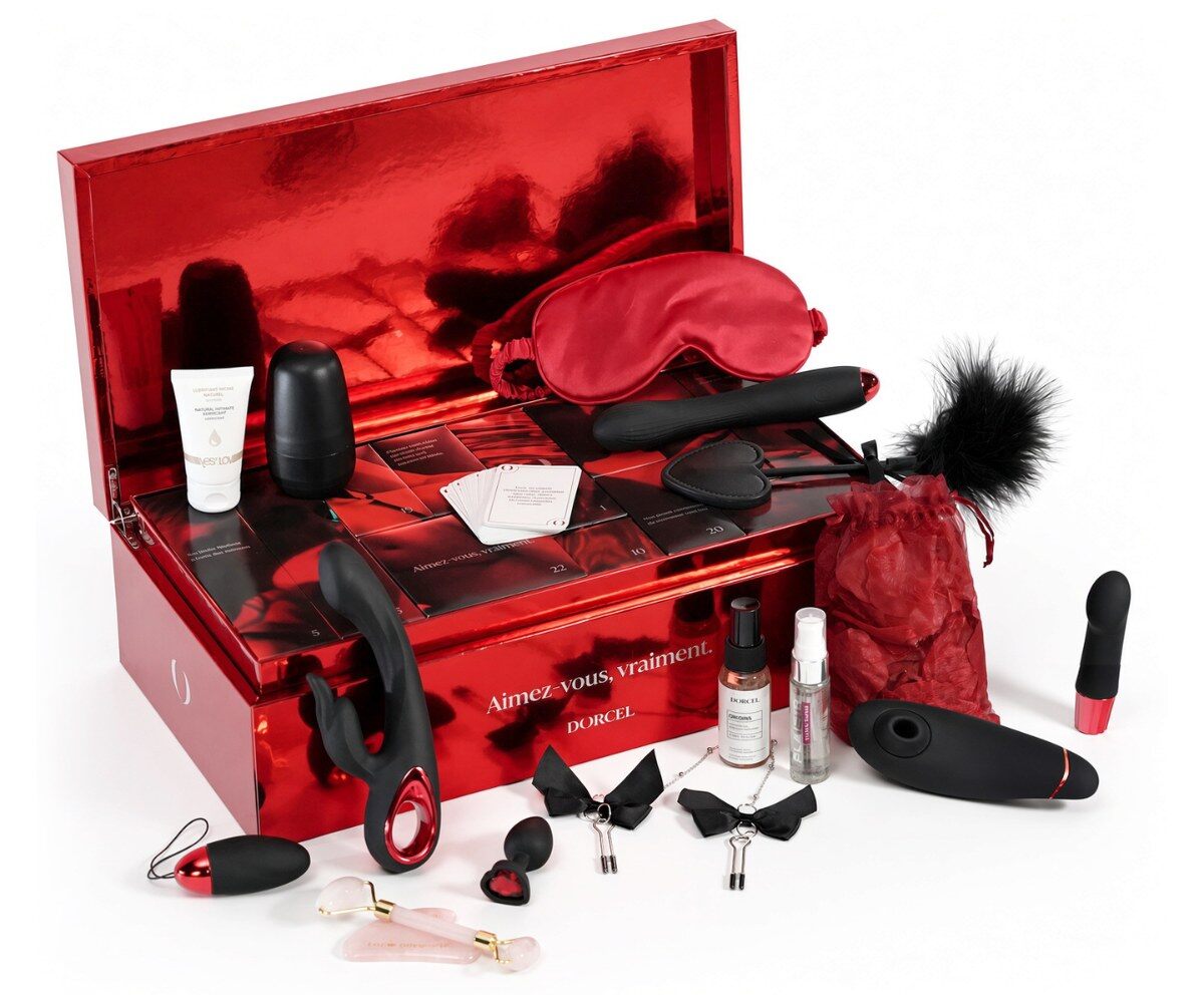 Les produits du calendrier de l’Avent Dorcel 2026 sortis du coffret rouge, dont un Womanizer noir