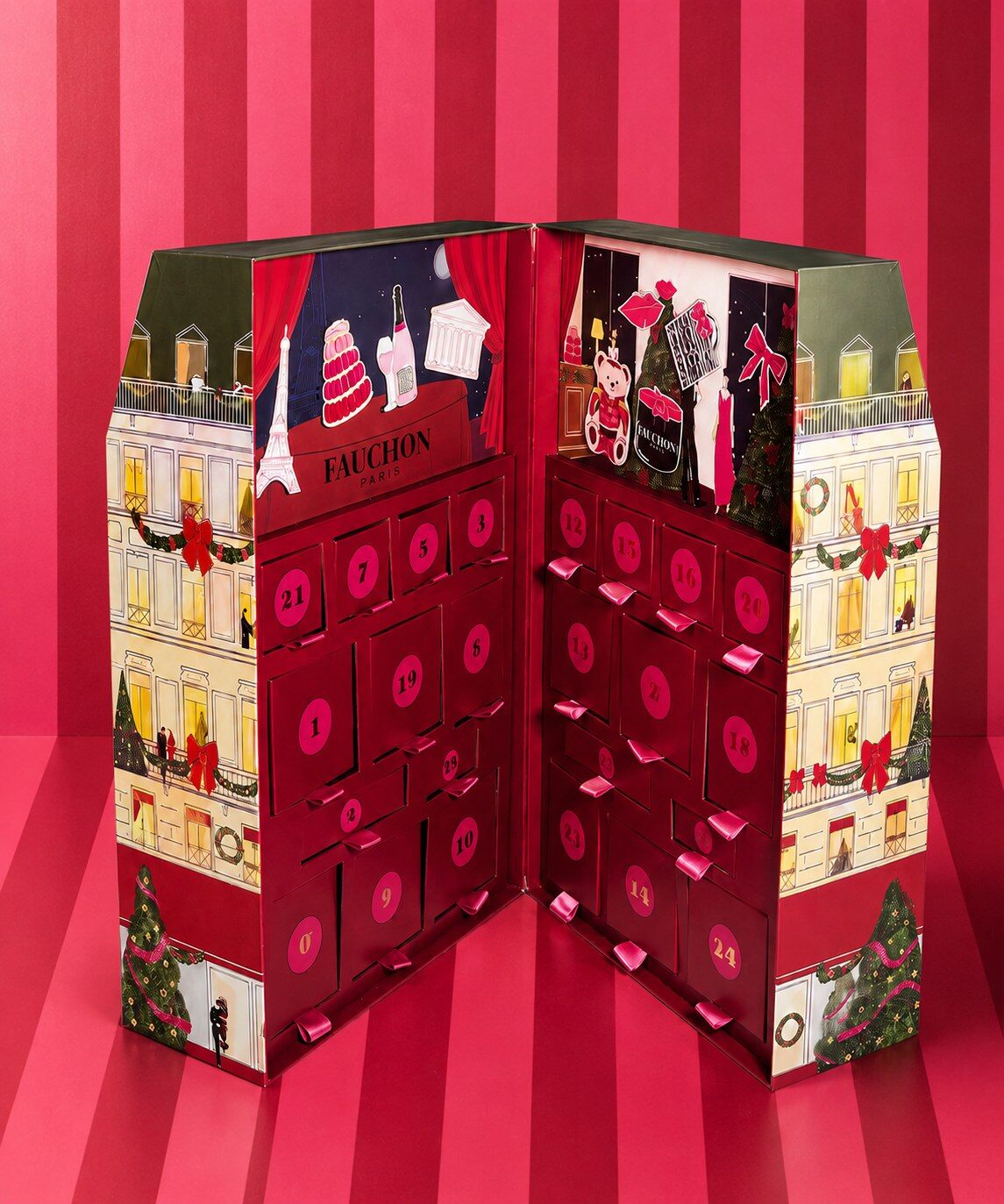 Le calendrier de l’Avent Luxe Fauchon 2026 ouvert, avec ses tiroirs numérotés roses et rouges