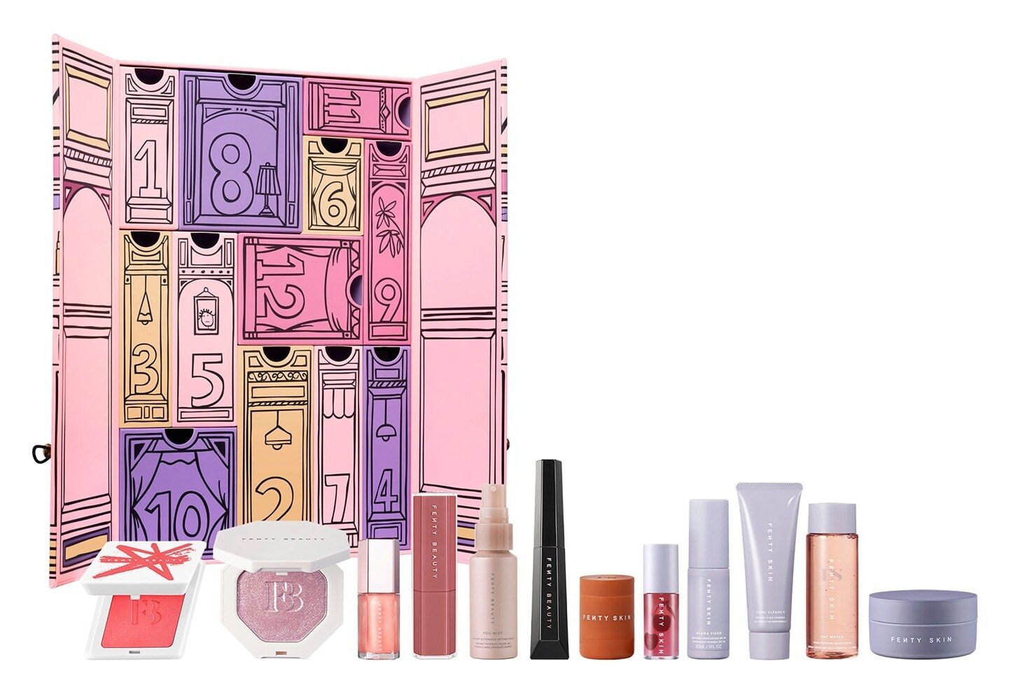 Le calendrier de l’Avent 12 Dayz of Fenty Beauty + Fenty Skin ouvert avec ses 12 produits
