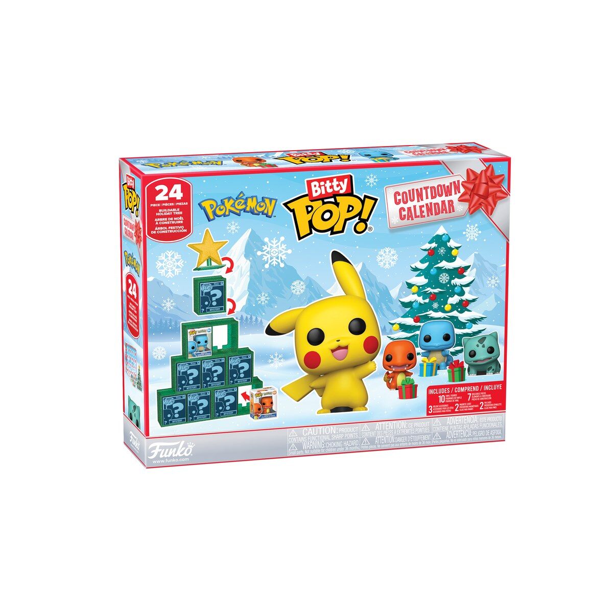 La boîte du calendrier de l’Avent Bitty Pop! Pokémon 2026 avec Pikachu, Salamèche, Carapuce et Bulbizarre