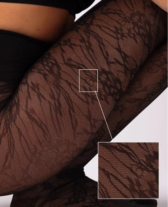 Collant dentelle fleurie noir de la Gambettes Box d’octobre 2026, avec un zoom sur le motif floral