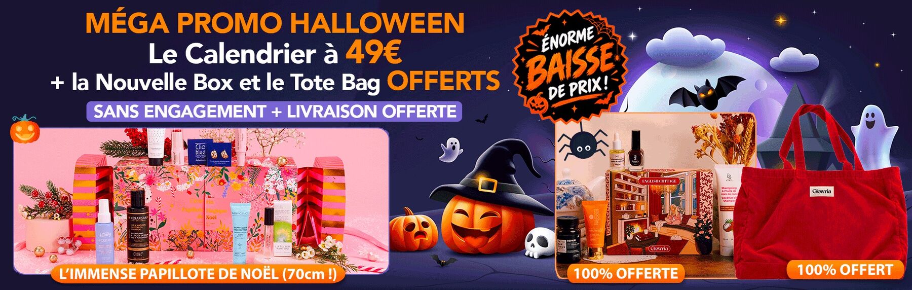 Visuel officiel de la méga promo Halloween Glowria : le calendrier à 49 €, la nouvelle box English Cottage et le tote bag rouge offerts