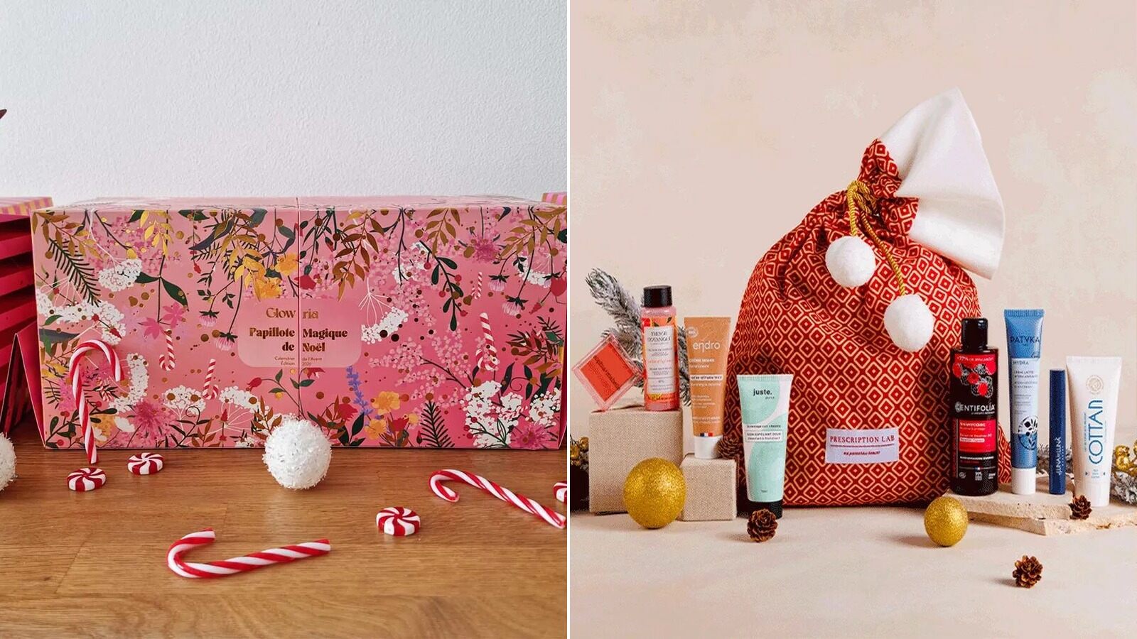 Le calendrier de l’Avent Glowria, une papillote rose et dorée, et la hotte de Noël en tissu rouge de Prescription Lab entourée de produits de beauté