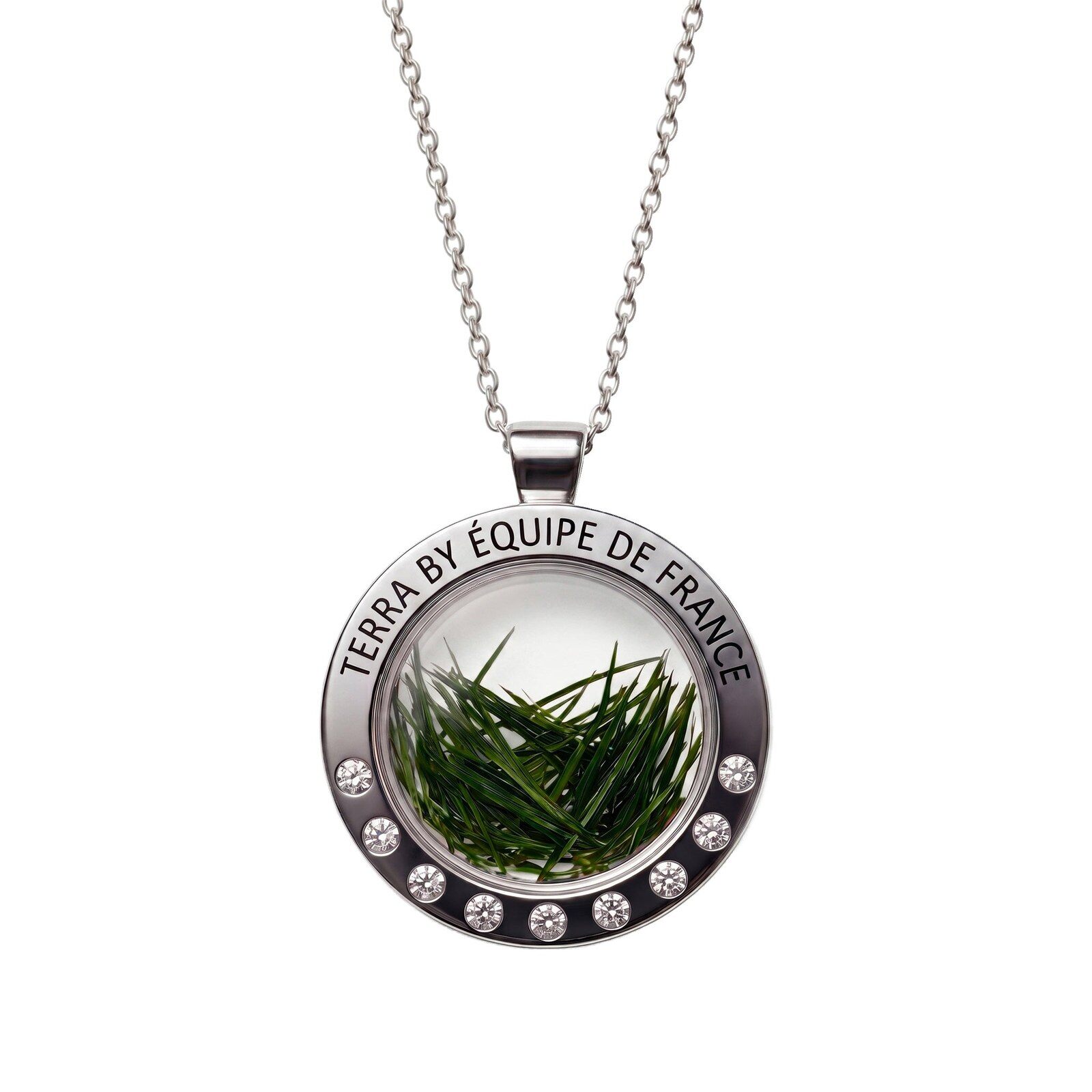 Médaille Terra by Équipe de France sertie de pierres, brins d’herbe verts visibles dans le médaillon
