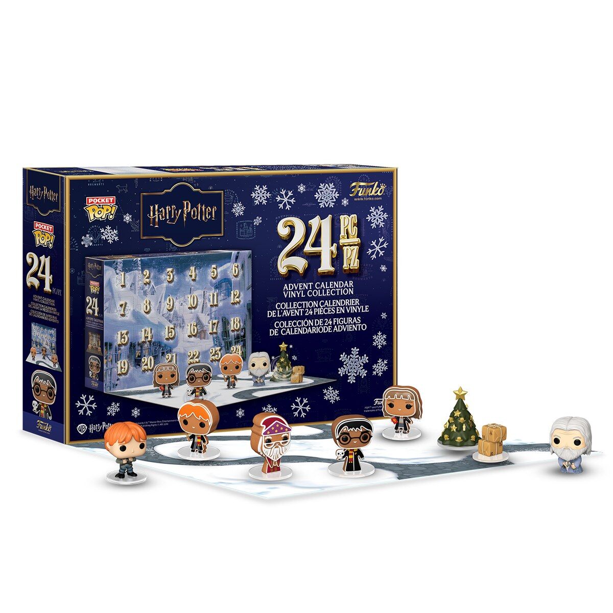 Le calendrier de l’Avent Pocket Pop! Harry Potter 2026 ouvert, avec plusieurs mini-figurines Funko devant la boîte