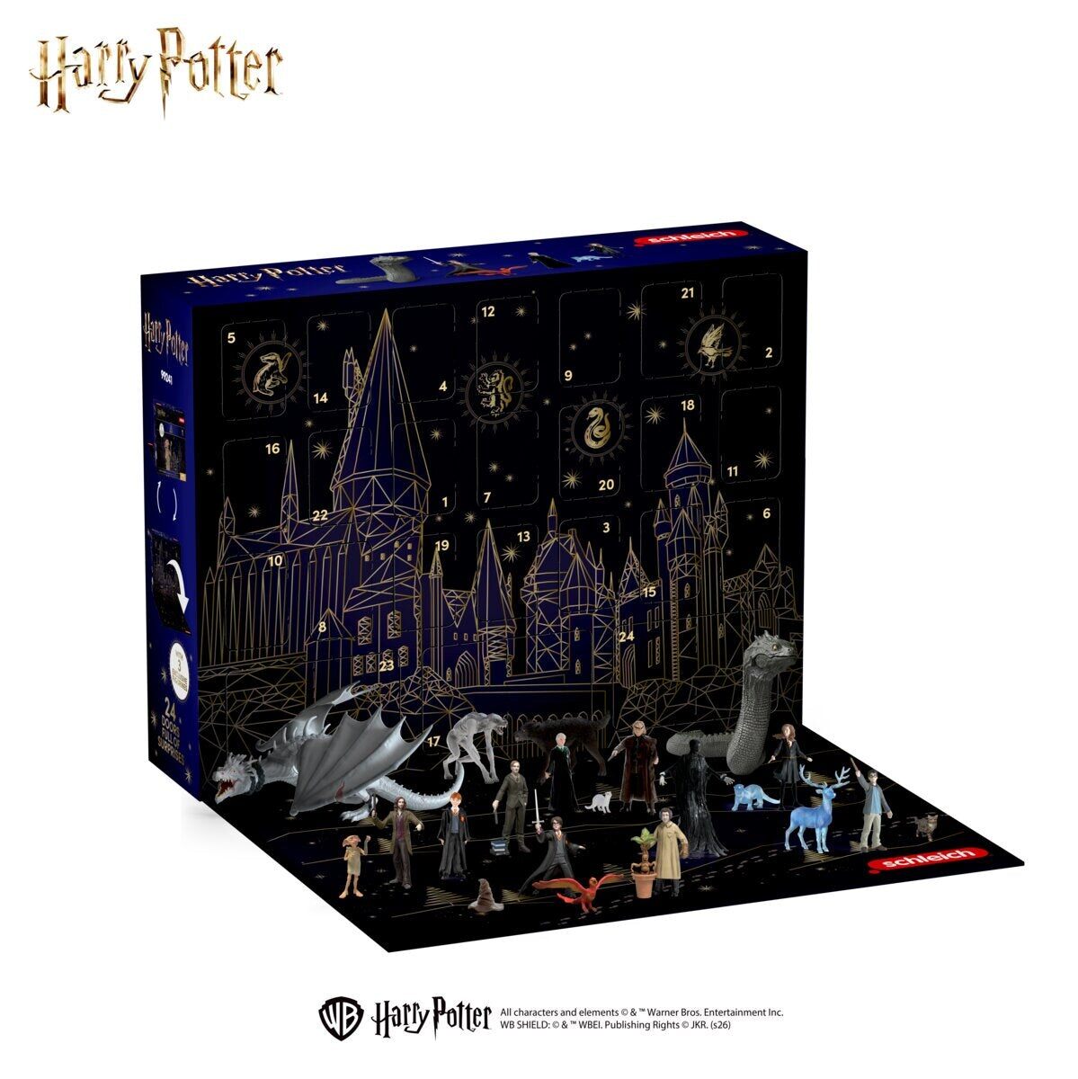 Le calendrier de l’Avent Schleich Harry Potter Série 2 ouvert sur un décor de Poudlard, avec ses mini-figurines de personnages et de créatures