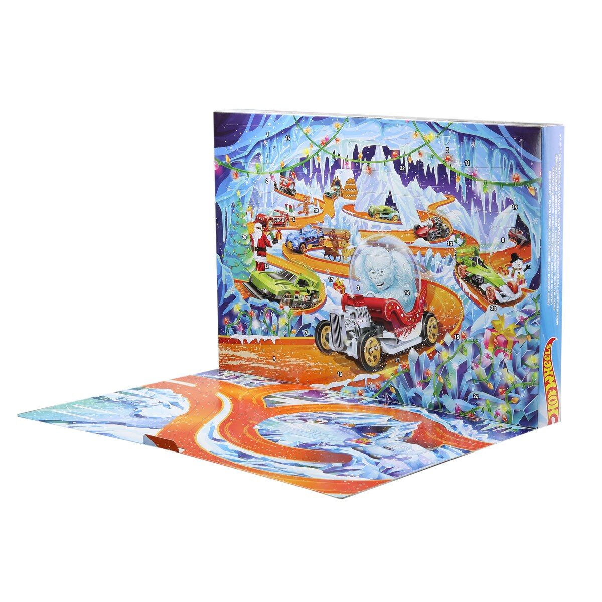 Calendrier de l’Avent Hot Wheels 2026 ouvert, illustré d’une grotte de glace et de voitures