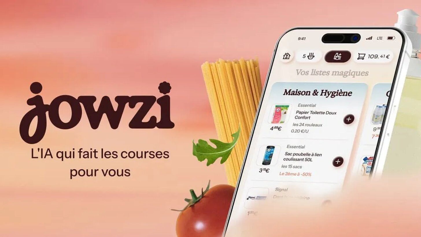 Application Jowzi ouverte sur un smartphone, entourée de spaghettis, d’une tomate et de roquette, l’IA de Jow qui fait les courses