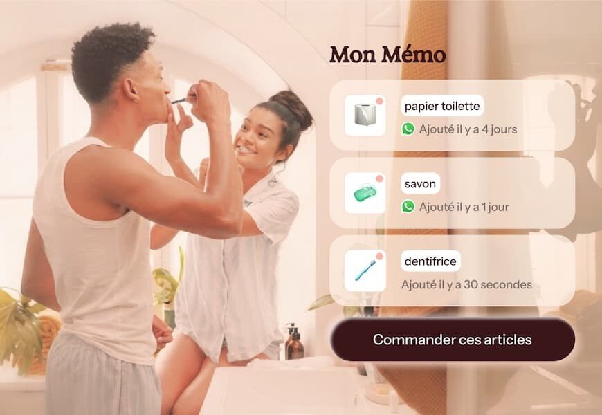 Écran du Mémo Jowzi avec trois produits à acheter, papier toilette, savon et dentifrice