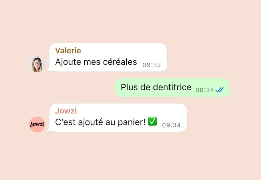 Conversation WhatsApp où Jowzi confirme l’ajout de céréales et de dentifrice au panier