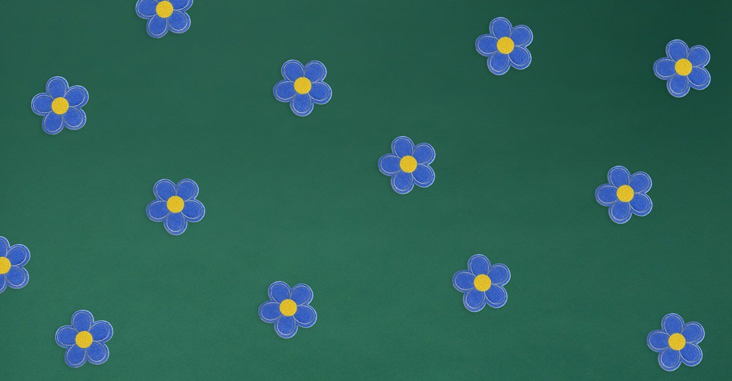 Fond vert parsemé de fleurs bleues, univers des coffrets jeunesse Kube