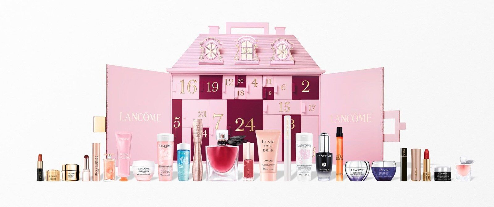Le calendrier de l’Avent Lancôme 2026 ouvert, avec ses 24 produits alignés devant le palais rose