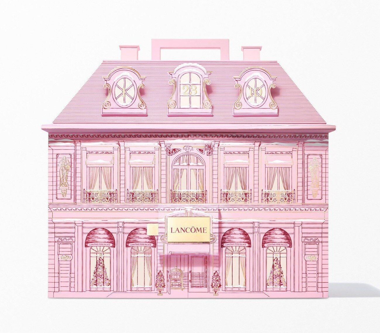 Le calendrier de l’Avent Lancôme 2026 fermé, en forme de palais parisien rose aux détails dorés