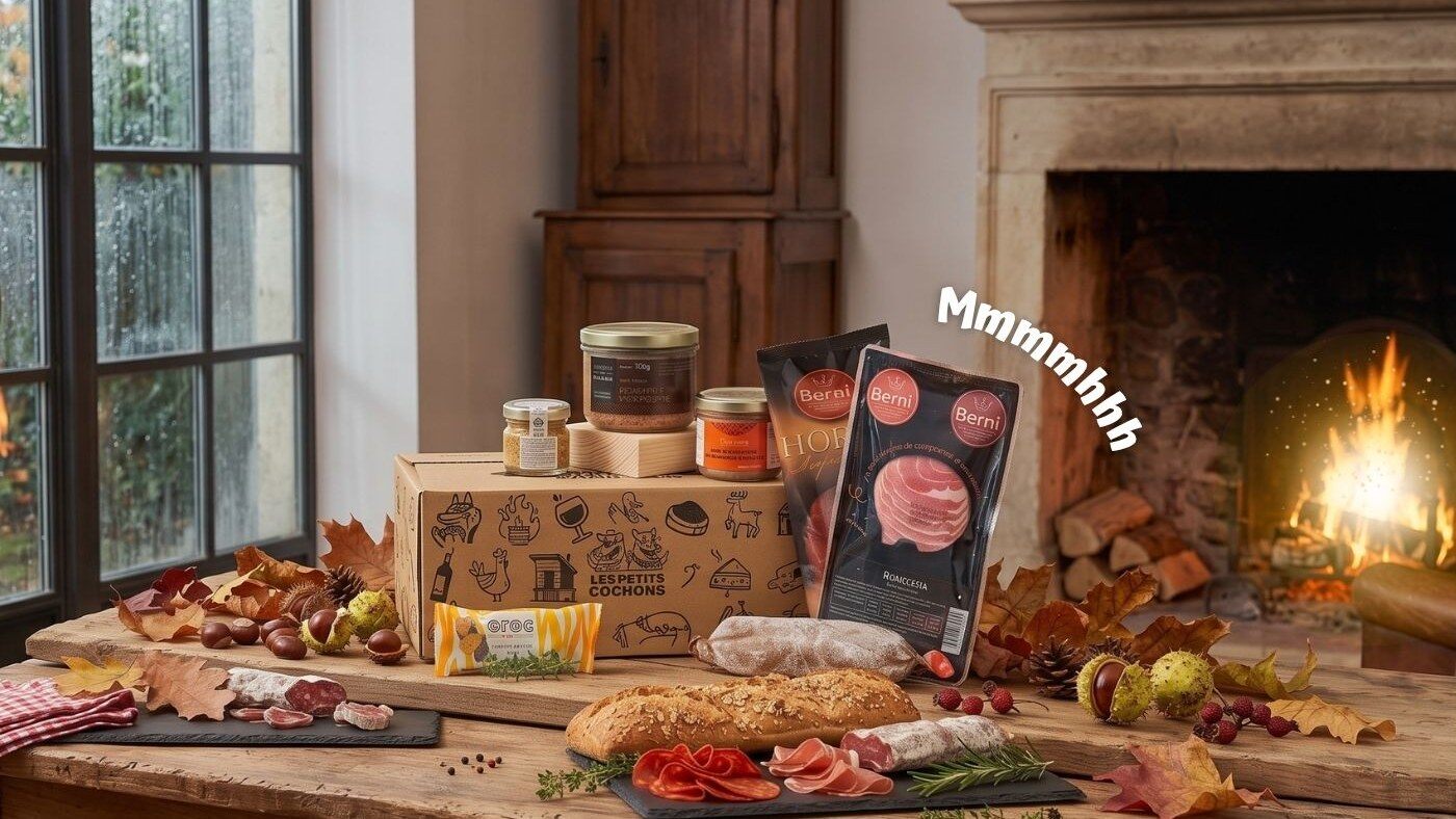 Box apéro Les Petits Cochons avec terrines, saucisson et charcuteries devant une cheminée en automne