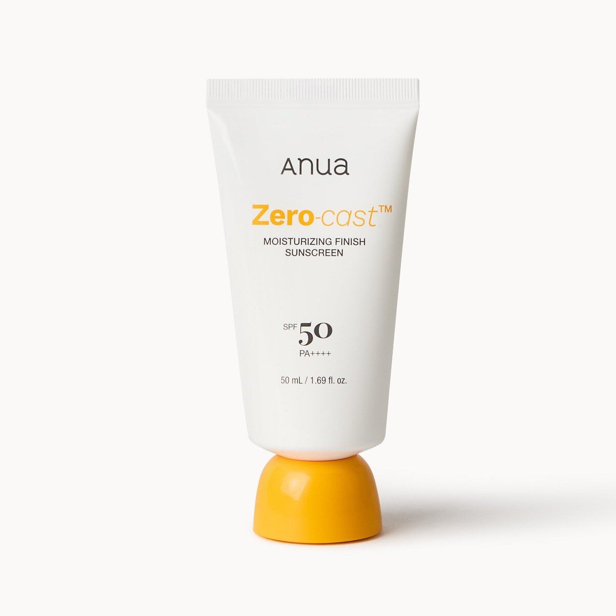 Tube de crème solaire Anua Zero-Cast SPF 50 au bouchon orange