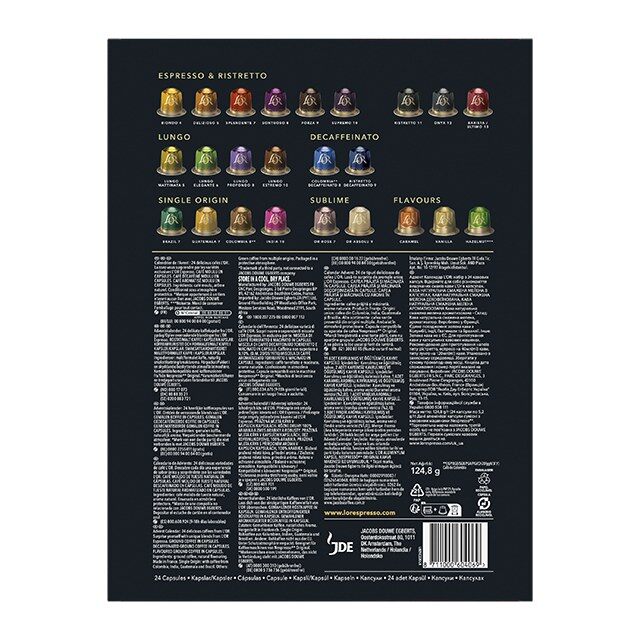 Le dos du coffret du calendrier de l’Avent L’Or Espresso 2026 avec les capsules par gamme