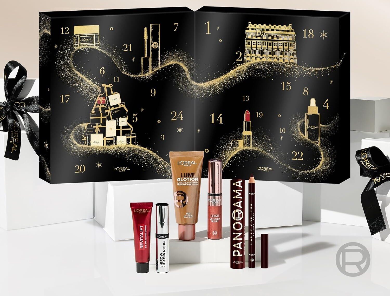 Le calendrier de l’Avent L’Oréal Paris 2026 ouvert, avec une partie des produits devant lui