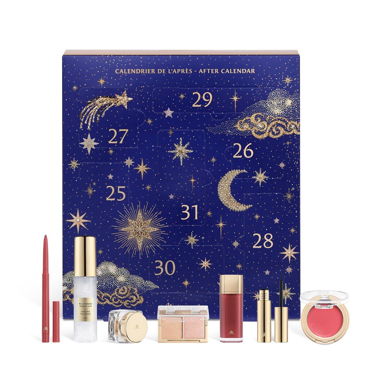 Le calendrier de l’après Marionnaud 2026, bleu nuit et or, entouré de ses produits de maquillage