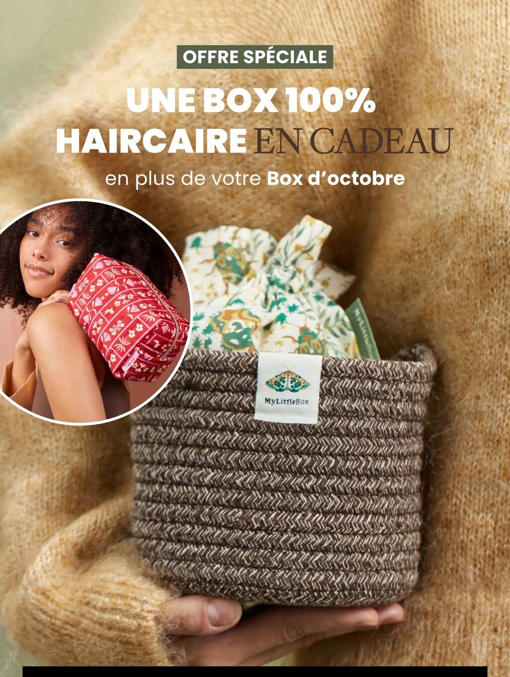 Visuel officiel de l’offre My Little Box, une box 100 % haircare en cadeau, avec un panier tressé rempli de soins pour les cheveux