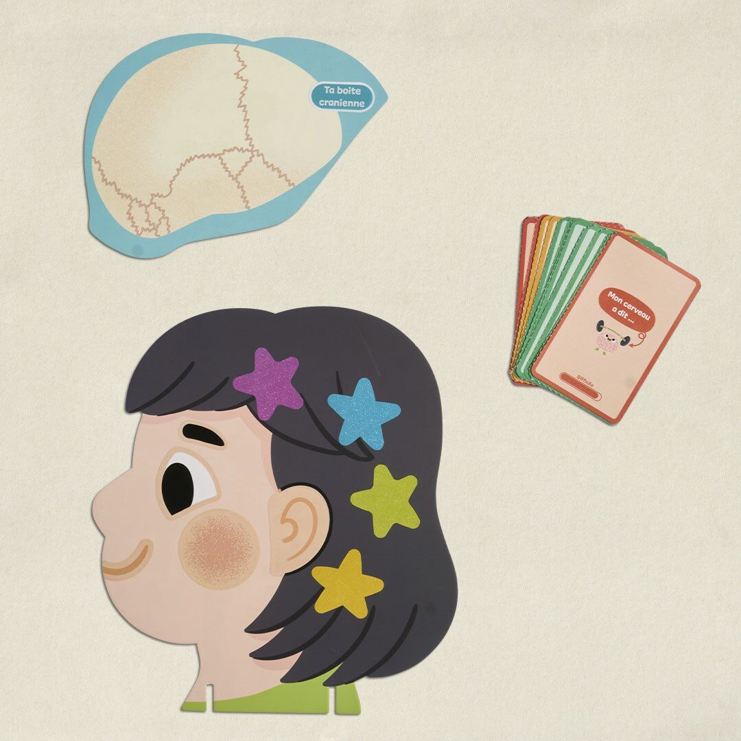 Tête d’enfant illustrée avec des étoiles et cartes du jeu Mon cerveau a dit, kit Pandacraft Kamino