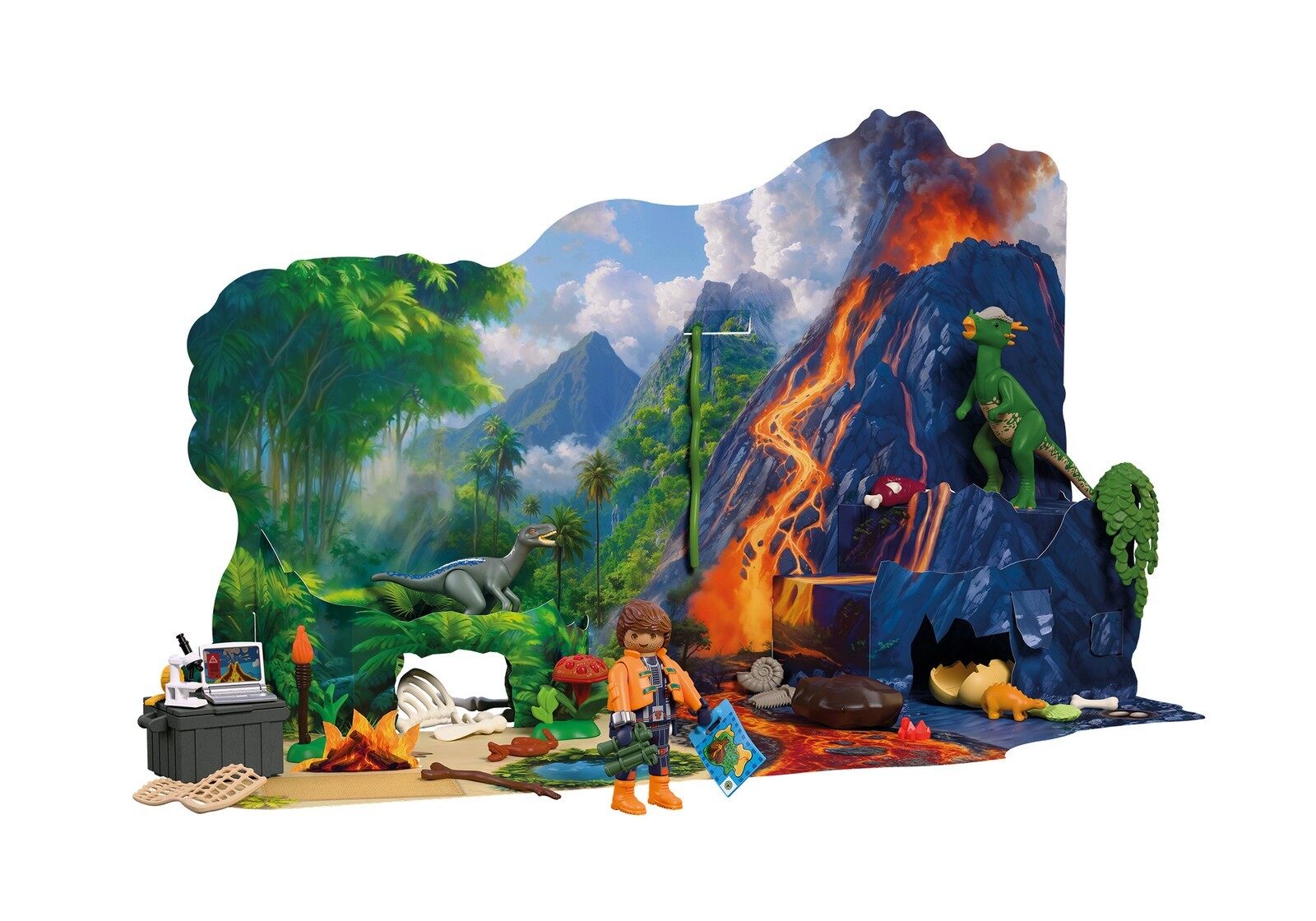 Scène montée du calendrier Playmobil Dinos avec le volcan, le chercheur et les dinosaures