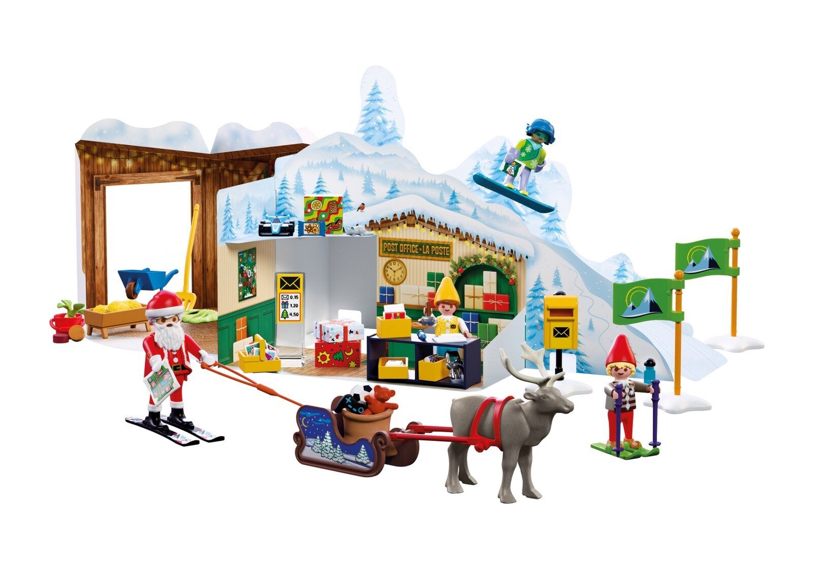 Scène montée du calendrier Playmobil Lutin de Noël avec le bureau de poste, le Père Noël, le renne et le traîneau
