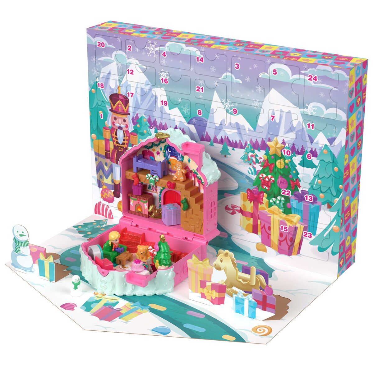 Le calendrier de l’Avent Polly Pocket 2026 ouvert sur sa maison en pain d’épices, avec la mini-figurine et les accessoires de fête