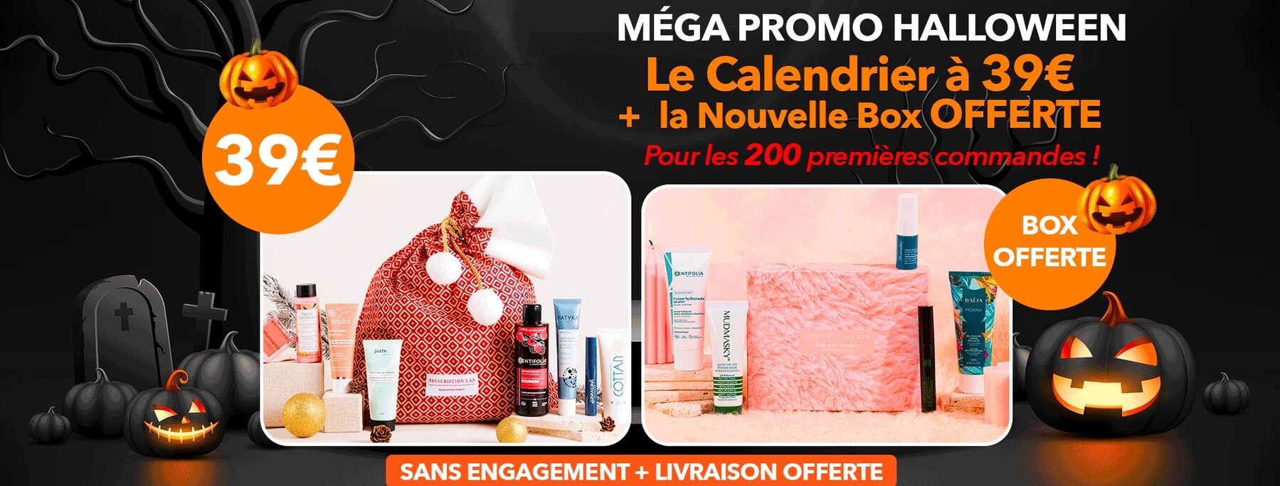 Visuel officiel de la méga promo Halloween Prescription Lab : le calendrier à 39 € et la nouvelle box offerte, pour les 200 premières commandes