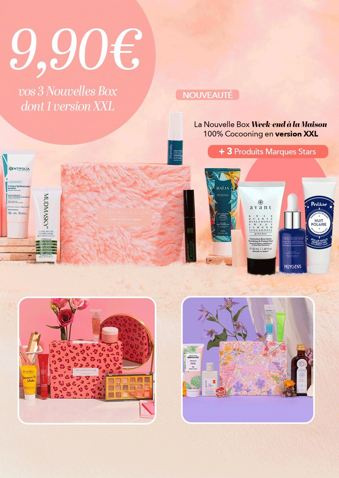 Visuel officiel de l’offre Prescription Lab : trois box beauté pour 9,90 €, dont la box Week-end à la Maison en version XXL