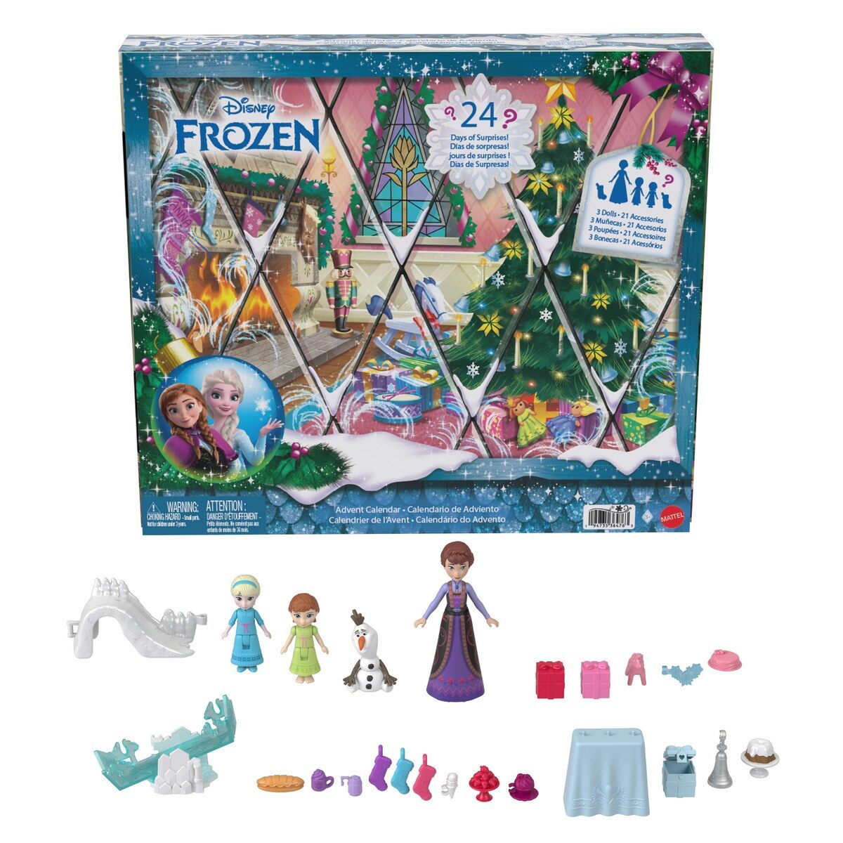 Le contenu du calendrier de l’Avent La Reine des Neiges 2026 : les poupées d’Anna, Elsa et Iduna, Olaf, une balançoire, un toboggan et de petits accessoires