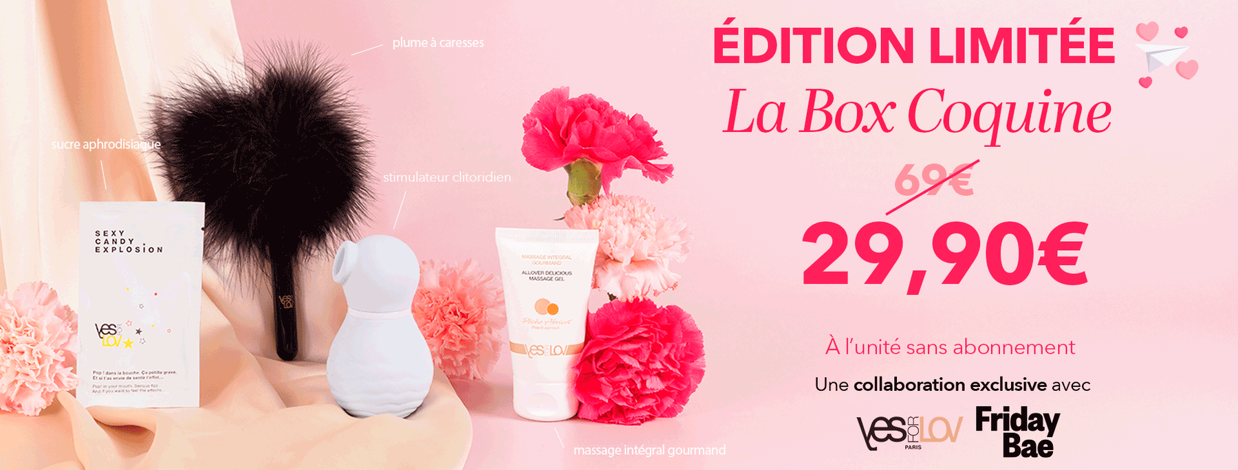 Bannière officielle de l’édition limitée « La Box Coquine » de Prescription Lab : les quatre produits (stimulateur clitoridien, gel de massage, sucre aphrodisiaque et plume à caresses) présentés sur fond rose, avec la mention « à l’unité sans abonnement » et le prix de 29,90 €.
