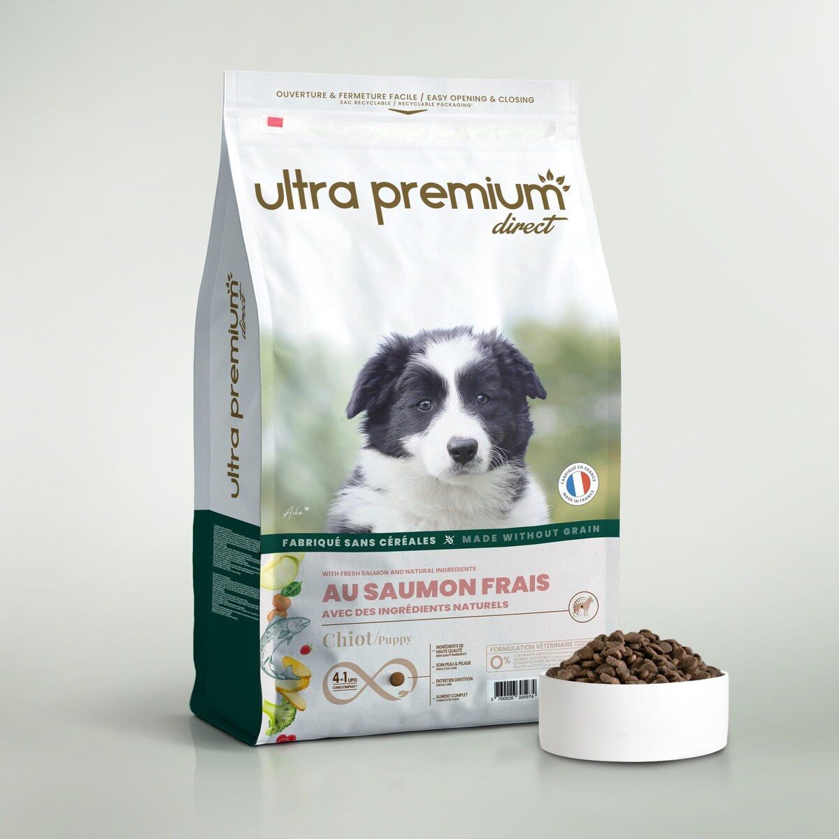 Sac de croquettes sans céréales au saumon frais pour chiot Ultra Premium Direct avec une gamelle