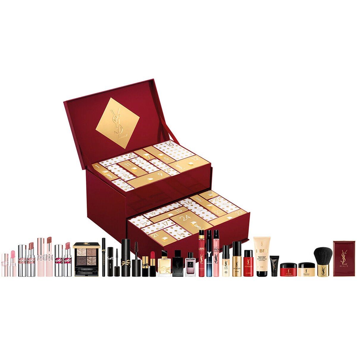 Le calendrier de l’Avent YSL Beauty 2026 et l’ensemble de ses produits alignés devant le coffret