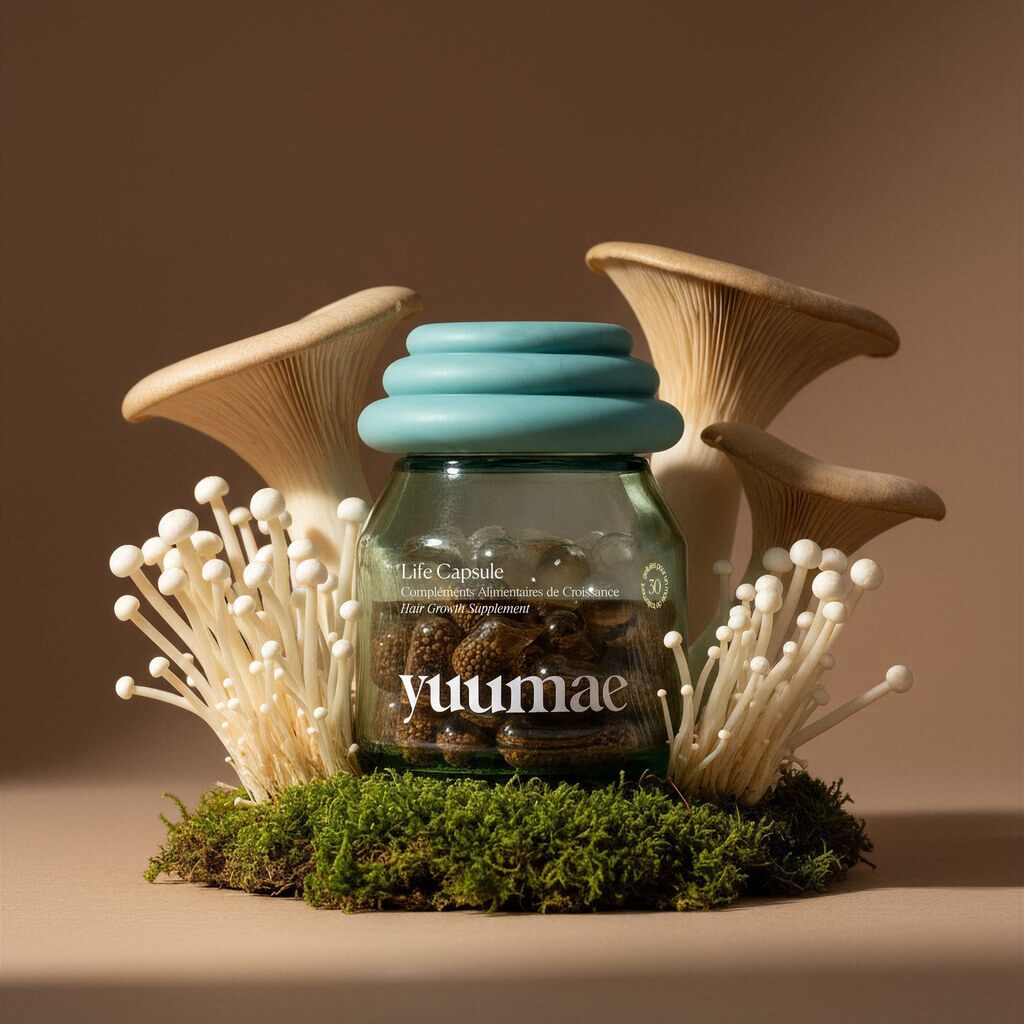 Pot de gélules Life Capsule Yuumae posé sur de la mousse, entouré de champignons